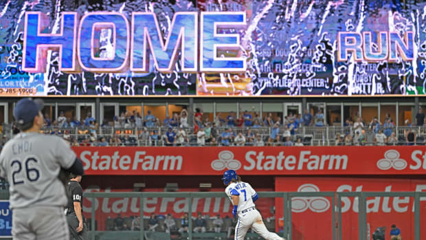Jul 23, 2022; Kansas City, Missouri, USA; Kansas City Royals shortstop Bobby Witt Jr. (7) rounds second base after hitting a solo home run during the eighth inning against the Tampa Bay Rays at Kauffman Stadium. Mandatory Credit: Peter Aiken-USA TODAY Sports